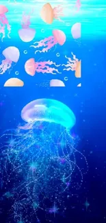 Luminous jellyfish floating in deep blue ocean wallpaper.