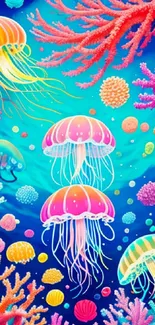 Vibrant jellyfish and corals in a colorful underwater scene.