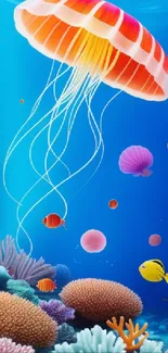 Vibrant jellyfish swimming in a colorful coral-filled ocean scene.