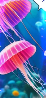 Vibrant jellyfish swimming against a deep blue ocean background.