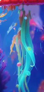 Vibrant underwater jellyfish with colorful tentacles in a blue ocean setting.