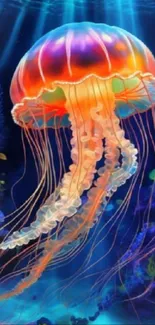 Vibrant jellyfish gracefully moves in a colorful underwater ocean scene.