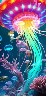 Vibrant underwater wallpaper with jellyfish and colorful corals.