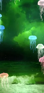 Colorful jellyfish float above a dark green ocean.