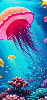 Colorful jellyfish and corals in an ocean scene mobile wallpaper.