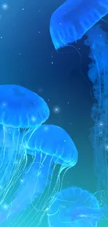 Vibrant blue jellyfish floating in ocean wallpaper.