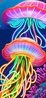 Neon pink jellyfish with vibrant tentacles underwater.