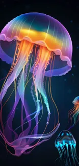 Colorful jellyfish floating on a dark blue background.