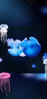 Vibrant jellyfish swimming in a dark, ocean-themed mobile wallpaper.