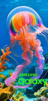 Vibrant jellyfish in blue ocean wallpaper with Samsung Galaxy logo.