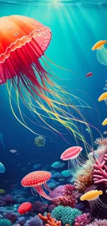 Vibrant underwater wallpaper with jellyfish and coral.