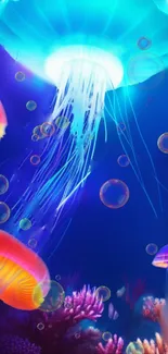 Bright jellyfish with colorful coral and bubbles underwater.