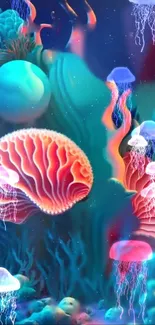 Vibrantly colored jellyfish swim in an abstract underwater scene, showcasing marine fantasy.