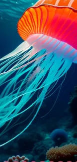 Vibrant orange and blue jellyfish in underwater scene.