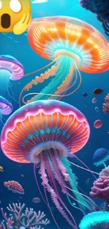 Jellyfish glide through a colorful coral reef under teal blue ocean waters.