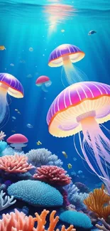 Vibrant jellyfish swimming above colorful coral reefs in a serene underwater scene.