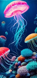 Colorful jellyfish and coral reef in vibrant underwater scene.