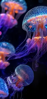 Vibrant jellyfish with glowing tentacles in dark ocean scene.