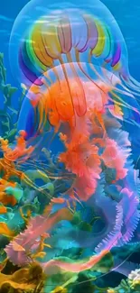 Colorful jellyfish swimming over coral in vibrant ocean scene.