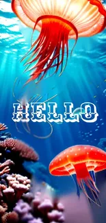 Vibrant underwater scene with jellyfish, coral, and 'HELLO' text.