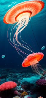 Elegant jellyfish swimming over coral in a vibrant underwater scene.