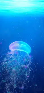 Vibrant underwater wallpaper with a glowing jellyfish.