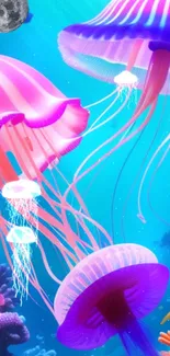 Colorful jellyfish float in a vibrant, neon blue underwater scene.