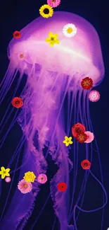 A glowing pink jellyfish in deep blue water, creating a vibrant mobile wallpaper.