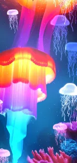 Vibrant neon jellyfish glowing underwater, surrounded by colorful marine life.