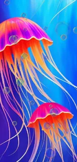 Vibrant neon jellyfish in a blue underwater scene.