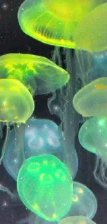 Neon green jellyfish glow in a vibrant underwater scene.