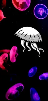 Vibrant neon jellyfish wallpaper with a dark background.