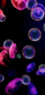 Glowing jellyfish floating in dark blue ocean background.