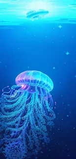 Glowing jellyfish in deep blue ocean background for mobile.