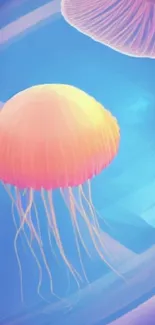 Colorful jellyfish against a blue background in mobile wallpaper.