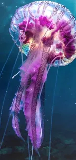 Vibrant purple jellyfish in deep ocean depths.