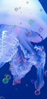 Vibrant jellyfish and bubbles on blue ocean background.