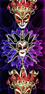 Vibrant jester masks with intricate colorful design as mobile wallpaper.