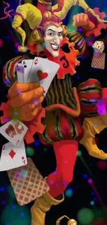 Colorful jester with playing cards wallpaper.