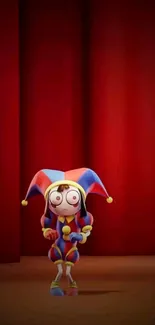 Colorful jester character on stage with red curtains.