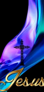 Vibrant Jesus cross with blue and purple design on mobile wallpaper.