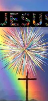 Christian cross with fireworks and vibrant rainbow background.