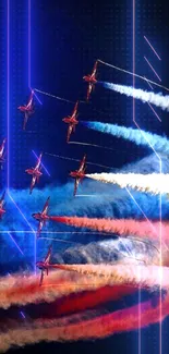 Aerobatic jets leaving colorful smoke trails in the sky.