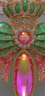 Jewel butterfly wallpaper with pink and green gemstones.
