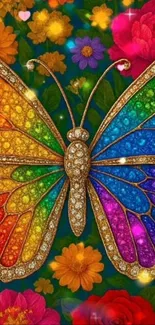 Vibrantly colored jeweled butterfly on floral background.