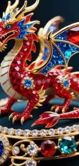 Jewel-encrusted dragon with vibrant colors on mobile wallpaper.