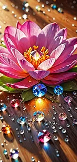 Pink lotus with colorful jewels and droplets on wood.