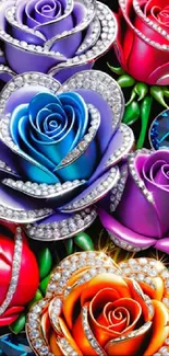 Vibrant jewel-encrusted roses in vivid colors on wallpaper.