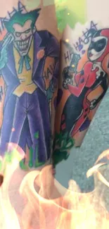 Joker and Harley Quinn tattoo artwork with flames.