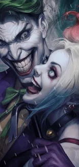 Dynamic artwork of Joker and Harley Quinn in vibrant colors.